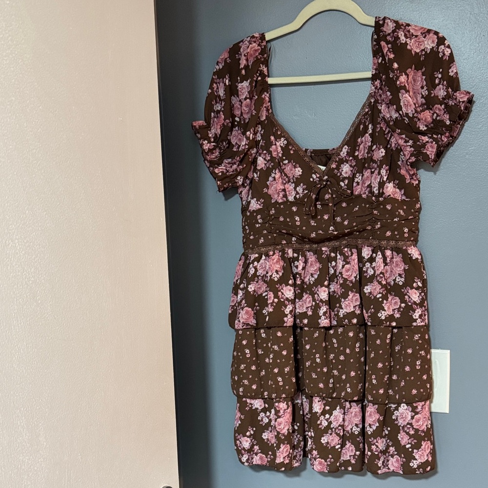 Brown Floral Mini Dress with Pink Roses